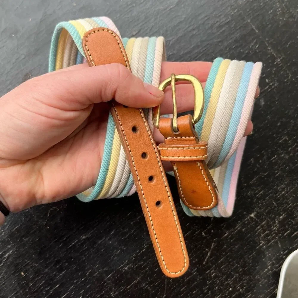 Canterbury Pastel Stripe Canvas Belt Leather & Brass Buckle Size 38